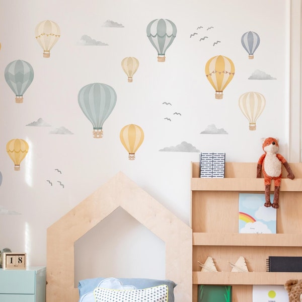 Blue and Yellow Hot Air Balloons Wall Decals, Plastic-Free kids room wall stickers