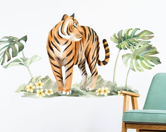 Tigre et Plantes tropicales - Stickers muraux aquarelle, stickers muraux de chambre d'enfants sans plastique