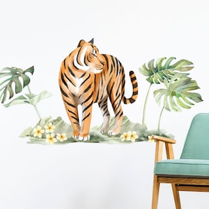 Jungle Tiger and Tropical Plant Wall Decals, Plastic-Free kids room wall stickers