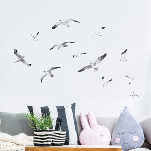 Watercolor seagull wall decals in a scandi inspired livingroom.