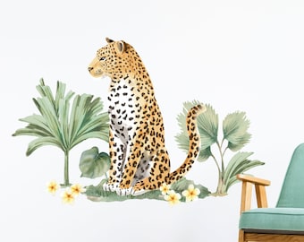 Jungle Leopard and Plants - Watercolour Wall Decals, Plastic-Free kids room wall stickers