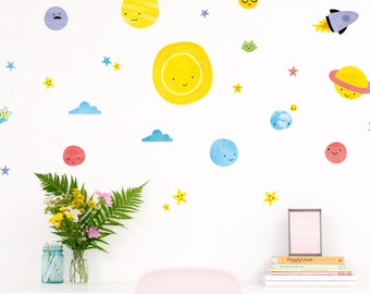 Big Bang Space wall decals, plastic-free wall stickers including Sun, Planets, Stars, Aliens and Rocket