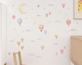 Night Sky Stars & Hot Air Balloons Wall Decals, Plastic-Free wall stickers for nurseries and kids rooms