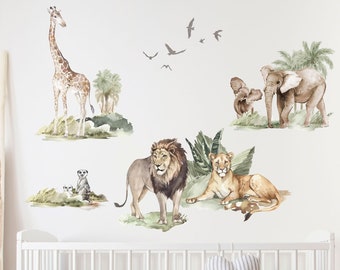 Savanna Animals Wall Decals with Elephants, Giraffe and Lions, Plastic-Free kids room wall stickers