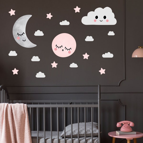 Dreamers moon, stars and clouds, plastic-free wall stickers for kids rooms