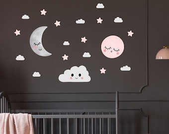 Pink Moon, stars and clouds wall decal theme pack, eco-friendly wall stickers for kids room and nurseries