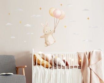 Flying Bunny with Balloons Wall Decal, Plastic-Free kids room wall stickers