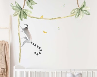 Climbing Lemur and tropical leaves - Watercolour Wall Decals, Plastic-Free kids room wall stickers