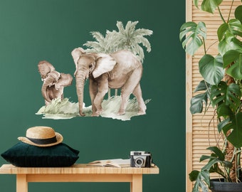 Elephants with Plants - Watercolour Wall Decals, Plastic-Free kids room wall stickers