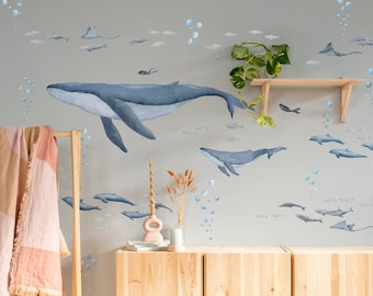 Deep sea whales and diver wall decals, plastic-free wall stickers