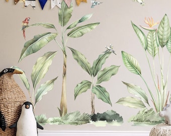 Lush Jungle Plants and Parrots wall decals, Plastic-Free wall stickers