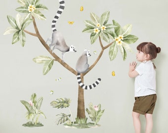 Plumeria Tree with Lemurs Wall Decals, Plastic-Free kids room wall stickers