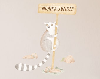 Boho Jungle Sign with Lemur, Personalised Wall Decal, Plastic-Free kids room wall stickers