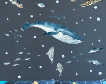 Sea Life Whale, Dolphins and Sharks Wall Decals, Plastic-Free kids room wall stickers
