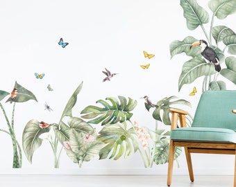 Tropical Jungle Wall Decals with birds, Plastic-Free wall stickers