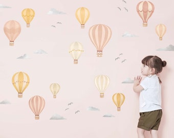 Pink and Yellow Hot Air Balloons Wall Decals, Plastic-Free kids room wall stickers