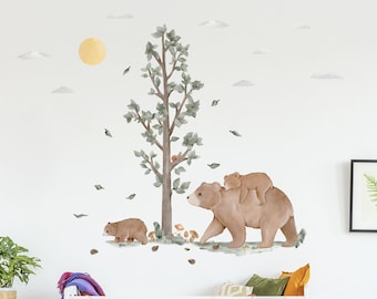 Nordic Forest Bear and Cubs wall decals, Plastic-Free kids room wall stickers