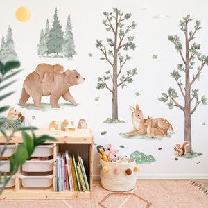 Decalcomanie da parete con animali e alberi della foresta nordica, adesivi da parete per cameretta dei bambini senza plastica