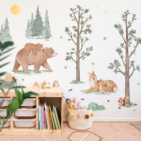 Forêt Nordique avec Animaux, Sticker mural sans plastique pour chambre d'enfants