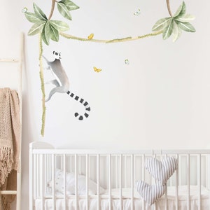 Climbing Lemur and tropical leaves - Watercolour Wall Decals, Plastic-Free kids room wall stickers