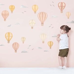 Pink and Yellow Hot Air Balloons Wall Decals, Plastic-Free kids room wall stickers