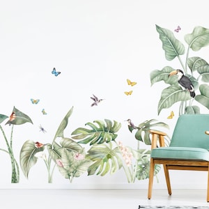 Decalcomanie da muro Giungla tropicale con uccelli, adesivi murali senza plastica