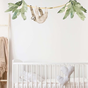 Jungle Sloth and tropical leaves Watercolour Wall Decals, Plastic-Free kids room wall stickers image 5