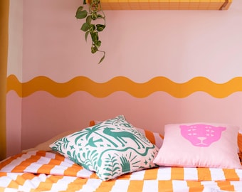 Pink and Yellow Wiggle Half Wall Wallpaper, Peel and Stick Paper, Wavy Two-Tone Panel