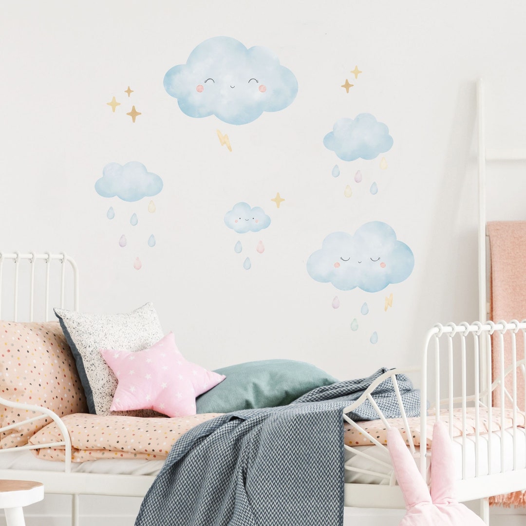 Happy Watercolor Cloud and Raindrop Wall Decals Plasticfree Etsy