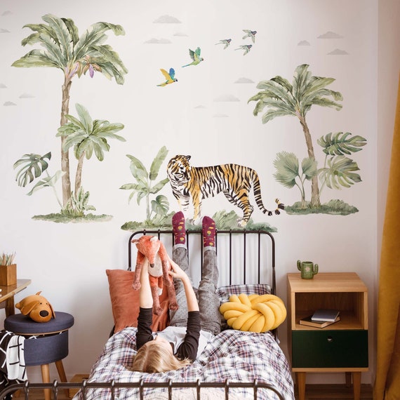 Sticker mural Jungle pour chambre enfant - Papillons, Péroquets et Palmier  - 68 cm X 24 cm - Décoration murale pour enfants