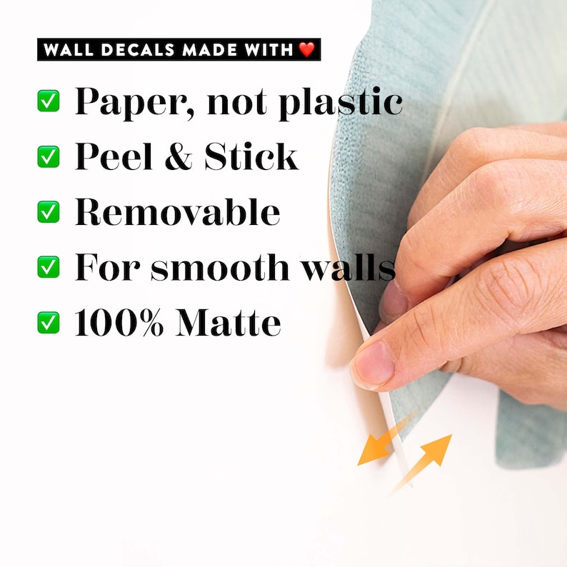 May include: A close-up of a hand peeling back a green and white wall decal. The decal is made of paper, not plastic, and is peel and stick, removable, for smooth walls, and 100% matte.