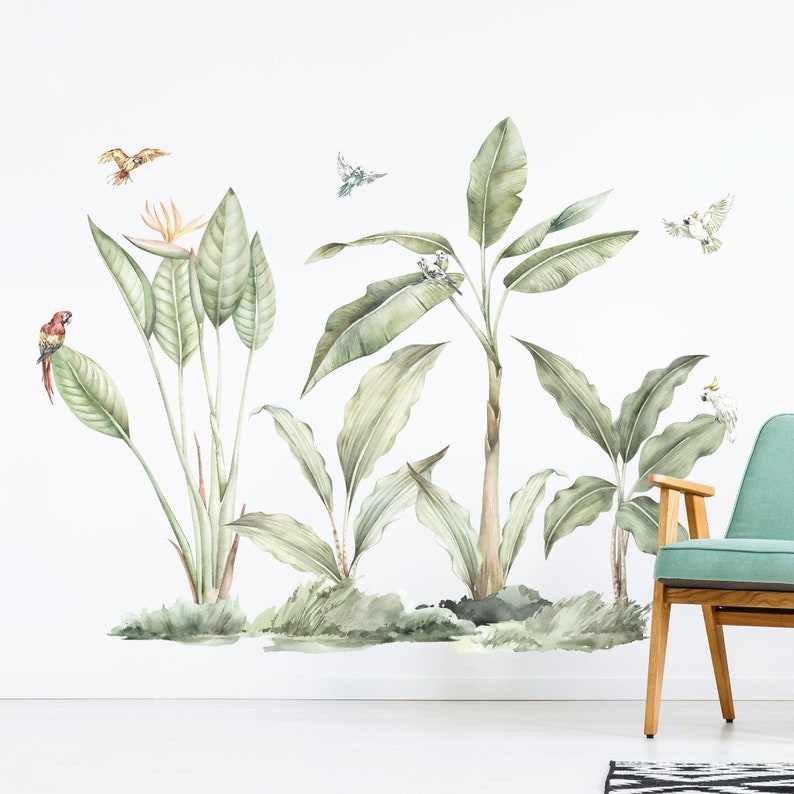 Lush Jungle Plants and Parrots wall decals, Plastic-Free wall stickers image 2