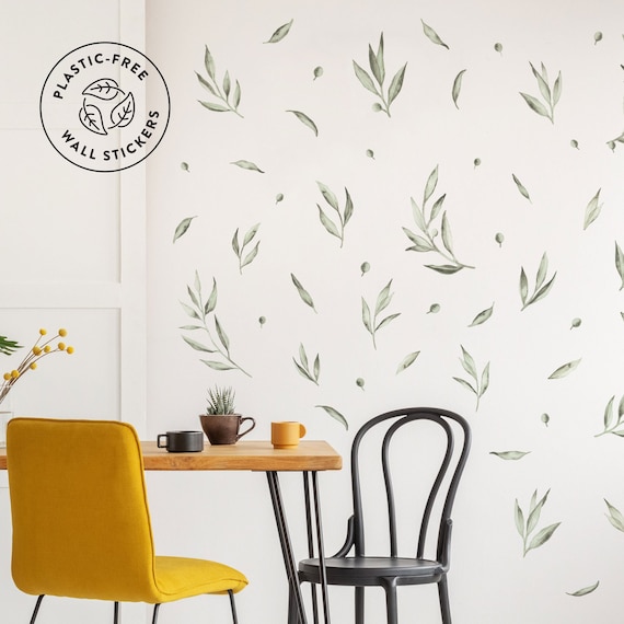 Sticker mural branche fleurs vertes