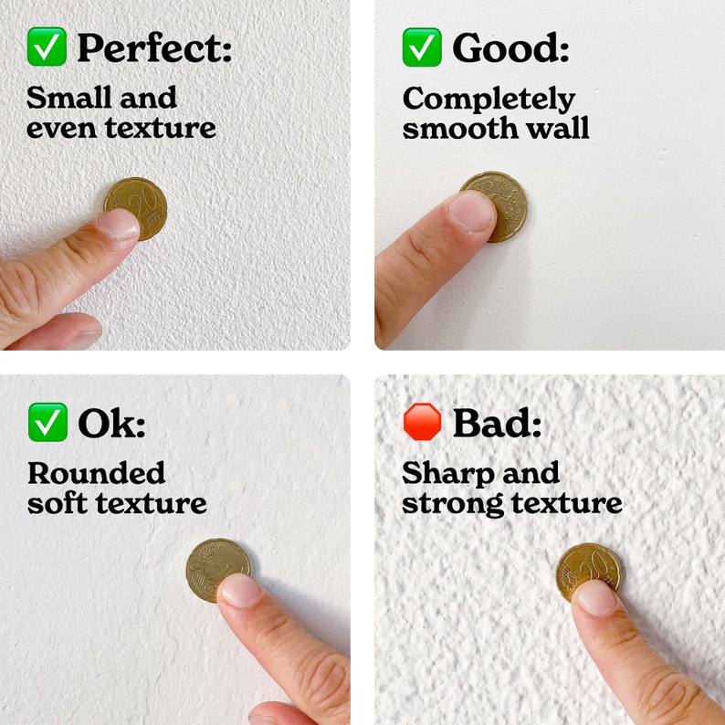 Puede incluir: Cuatro im&aacute;genes que muestran diferentes texturas de pared. Una moneda se coloca en cada pared para mostrar la textura. La primera imagen muestra una pared lisa con el texto "Perfecto: Textura peque&ntilde;a y uniforme". La segunda imagen muestra una pared lisa con el texto "Bueno: Pared completamente lisa". La tercera imagen muestra una pared con una textura redondeada con el texto "Ok: Textura suave redondeada". La cuarta imagen muestra una pared con una textura rugosa con el texto "Malo: Textura fuerte y afilada".