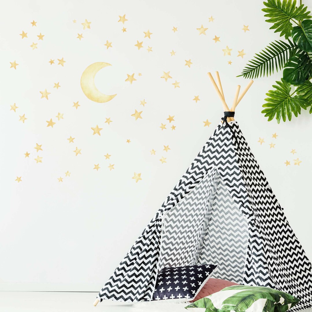 Yellow Moon and Stars - Watercolour Wall Decals, Plastic-free Kids Room ...