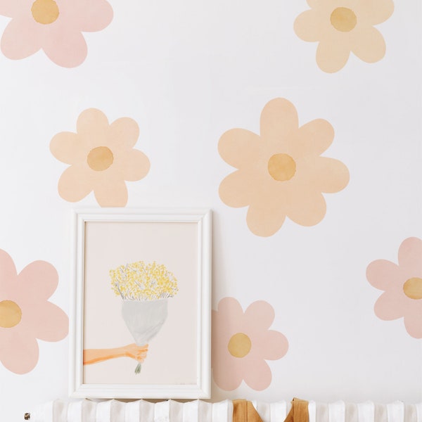 Big Pink and Orange Daisy Flowers wall decals, Plastic-Free Wall Stickers