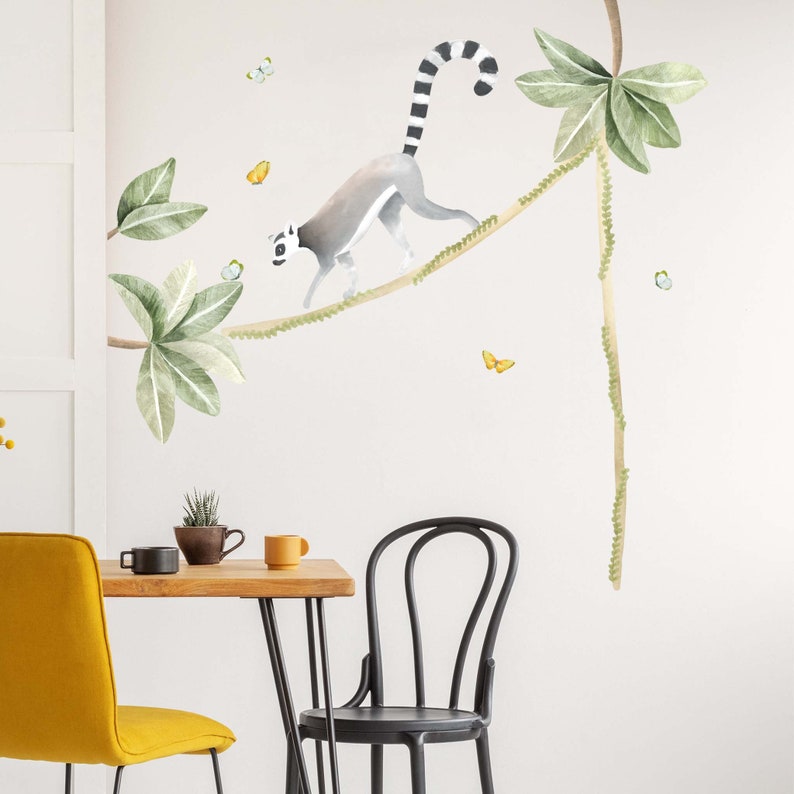 Climbing Lemur and tropical leaves Watercolour Wall Decals, Plastic-Free kids room wall stickers image 2