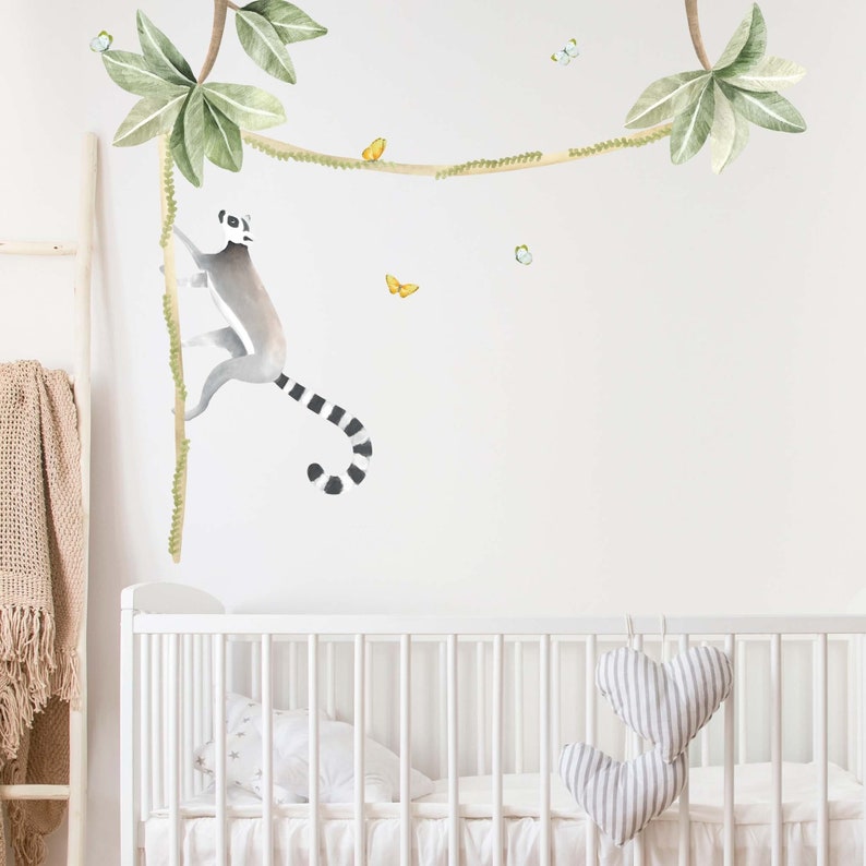 Climbing Lemur and tropical leaves Watercolour Wall Decals, Plastic-Free kids room wall stickers image 1