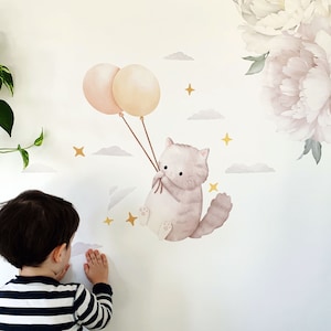 Decalque de parede de gato balão cinza, adesivos de parede de quarto infantil sem plástico