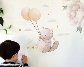 Grey Balloon Cat Wall Decal, Plastic-Free kids room wall stickers