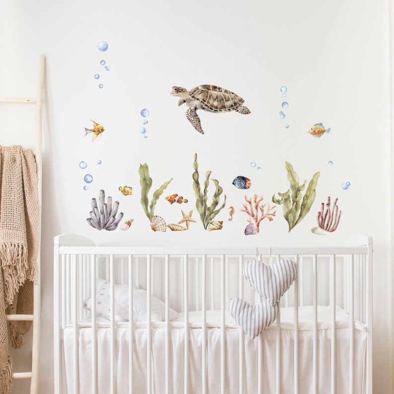 Sea Life Turtle & Fish Wall Decals, Plasticfree Kids Room Wall