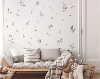 Grey Olive Leaves and Branches Wall Decals, Plastic-Free Wall Stickers