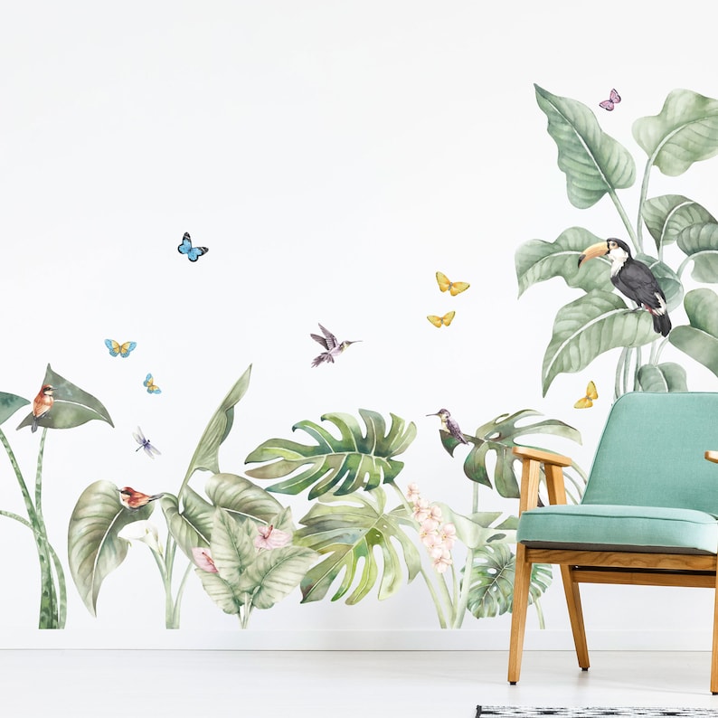 Tropical Jungle Wall Decals with birds, Plastic-Free wall stickers image 1