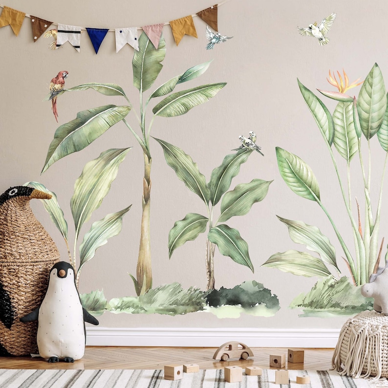 Lush Jungle Plants and Parrots wall decals, Plastic-Free wall stickers image 1