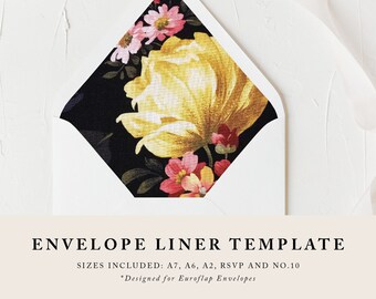DIY Printable Envelope Liner - Moody Black and Yellow Floral - Instant Download - Envelope Liner Template - Size A7, A2, A6, RSVP and No. 10