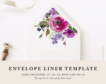 DIY Printable Envelope Liner - Jewel Tone Purple Floral - Instant Download - Envelope Liner Template - Size A7, A2, A6, RSVP and No. 10