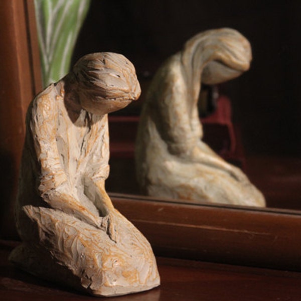 Sweet Hour of Prayer, beautiful hand cast inspirational sculpture of woman praying