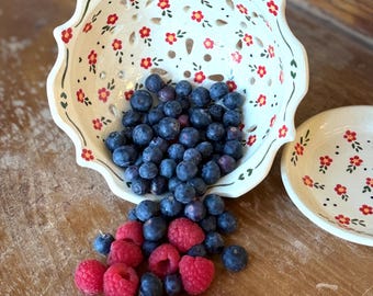 Hand Painted Berry Bowl and Drain Plate On White Stoneware Ceramic - Colander