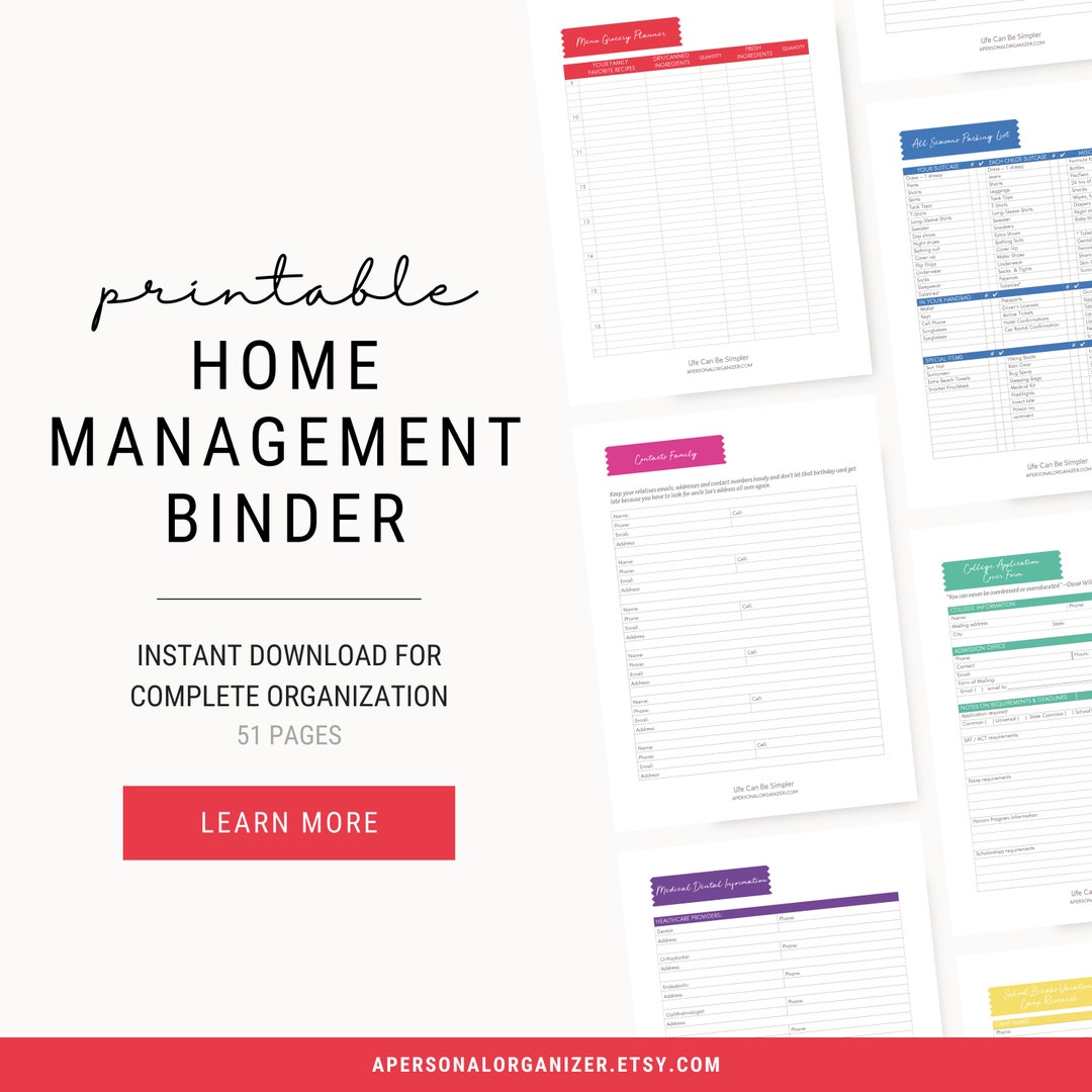 Printable Home Management Binder – Household Planner, Checklists (PDF ...