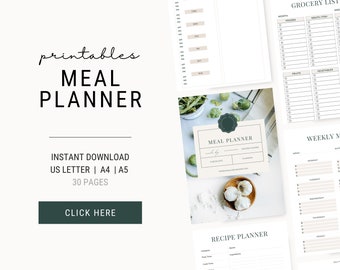 May include: A digital meal planner printable set featuring a meal planner, grocery list, and recipe planner. The documents are white with black text and beige accents. The text includes MEAL PLANNER, GROCERY LIST, and RECIPE PLANNER.